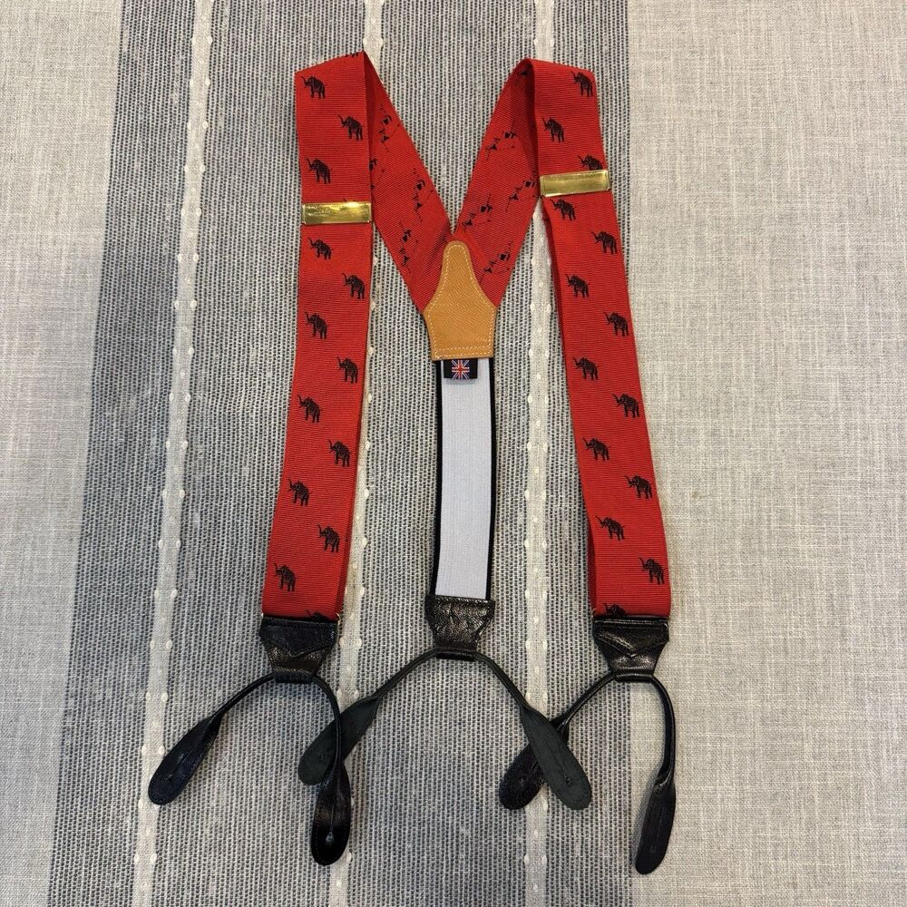VTG Albert Thurston Suspenders Braces Elephants Red Black Button Leather London